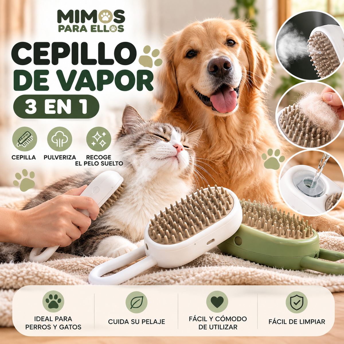 Cepillo de Vapor 3 en 1 para Mascotas 🐾