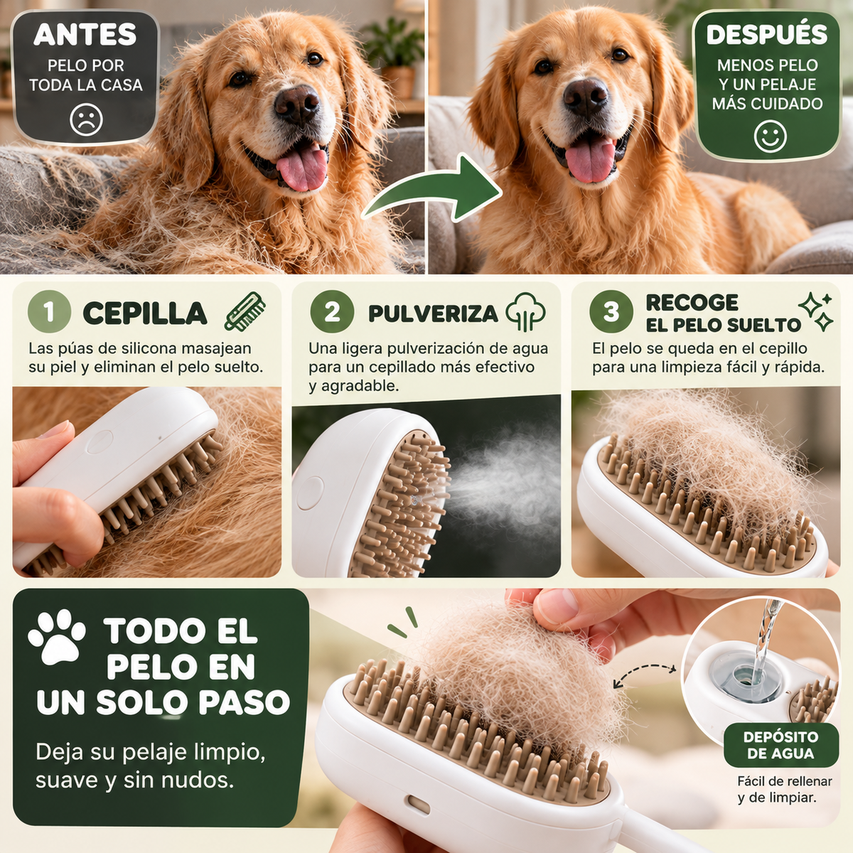 Cepillo de Vapor 3 en 1 para Mascotas 🐾
