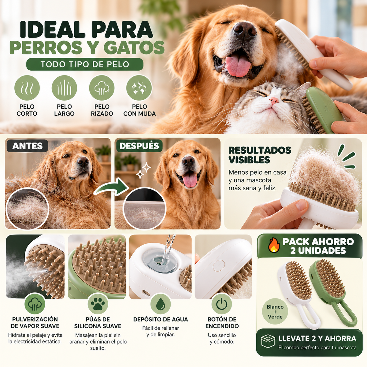 Cepillo de Vapor 3 en 1 para Mascotas 🐾