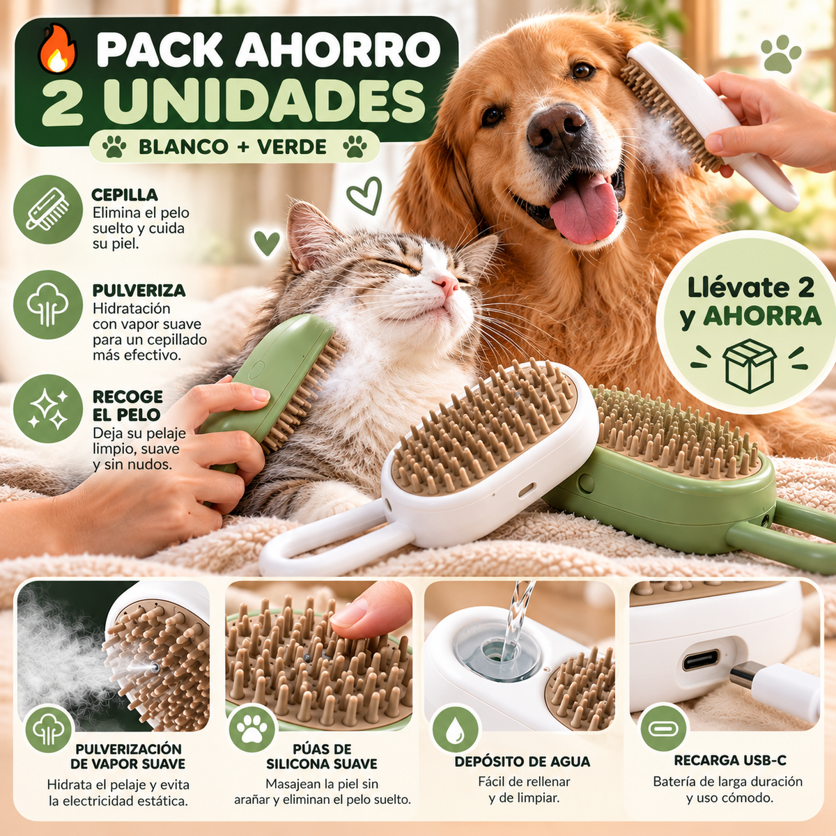 Cepillo de Vapor 3 en 1 para Mascotas 🐾
